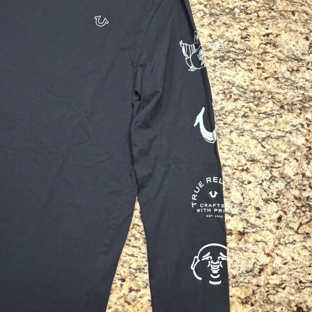 True Religion Mens Black Long Sleeve Multi Logo Graphic T-Shirt Medium